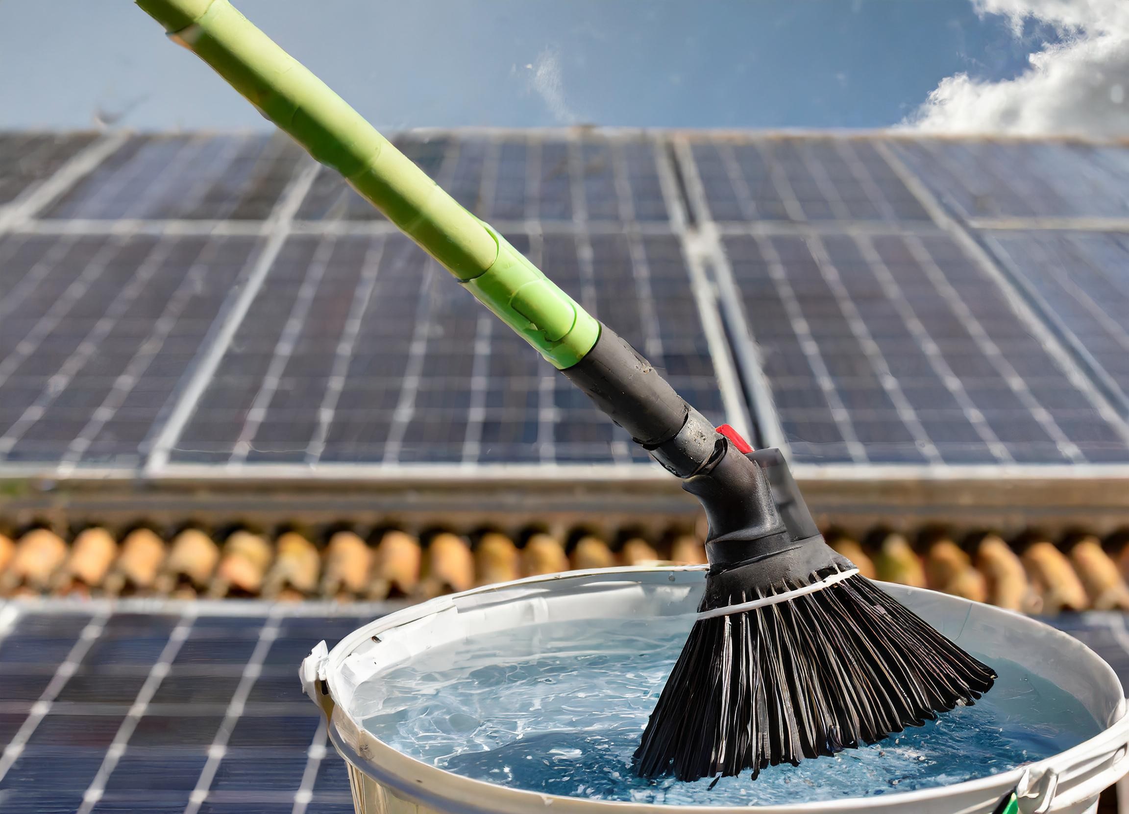 Une brosse à laver télescopique avec serpillière au bout trempe dans un seau d'eau claire tiède, avec panneau solaire sur un toit. Utile pour nettoyer ses panneaux solaires.