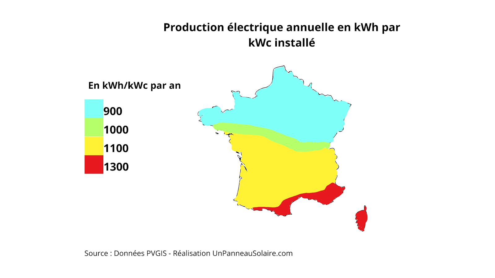 Carte représentant la production annuelle d'électricité en kWh par kWc installé.